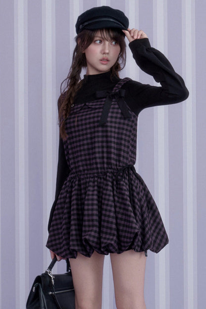 Layered-Look Plaid Long Sleeve Dress