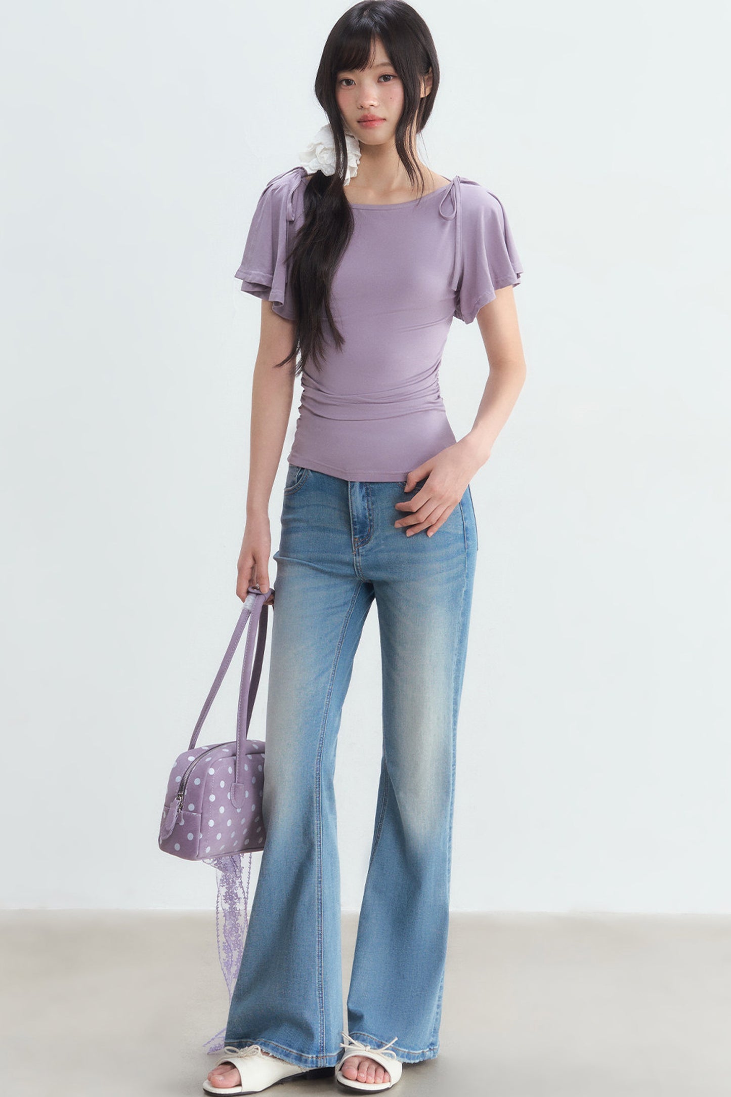 Purple Tie Flutter Sleeve Top and Denim Pants Set-Up