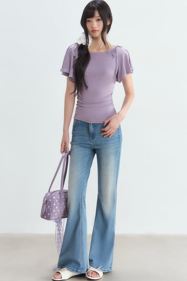 Purple Tie Flutter Sleeve Top and Denim Pants Set-Up