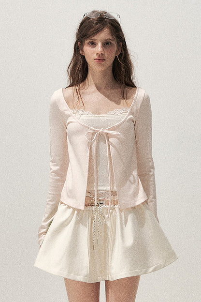 Lace Spliced Tie-Up Long Sleeve Top