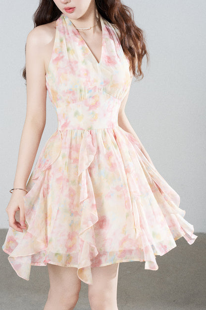 Abito a volant con scollo a V e allacciatura al collo in chiffon floreale