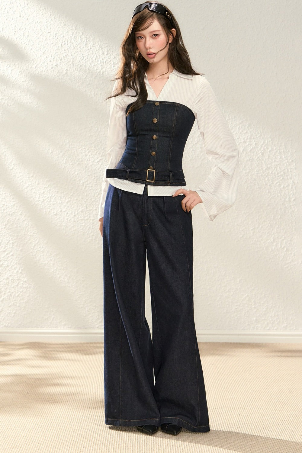 Color-Blocked Denim Two-Piece Set