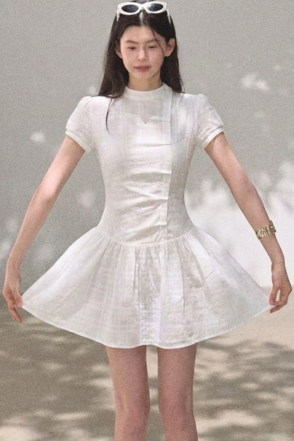 체크 퍼프 소매 원피스