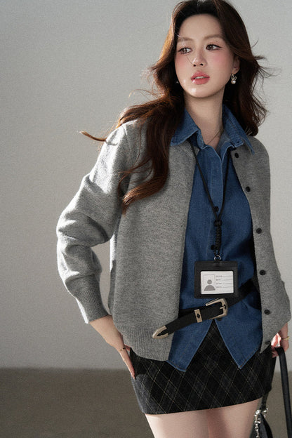 Layered-Look Denim Collar Sweater