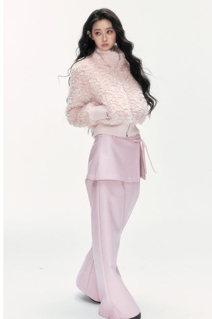 Pink Faux Lamb Wool Jacket and Pants Set-Up