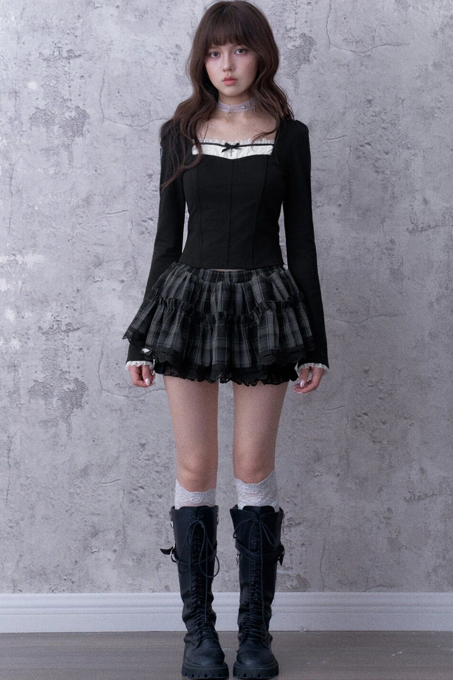 Three-Layer Gray Black Plaid Puffy Skirt