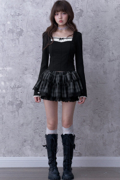 Three-Layer Gray Black Plaid Puffy Skirt