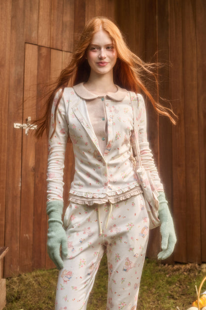 Layered-Look Floral Bunny Cardigan and Pants Set-Up