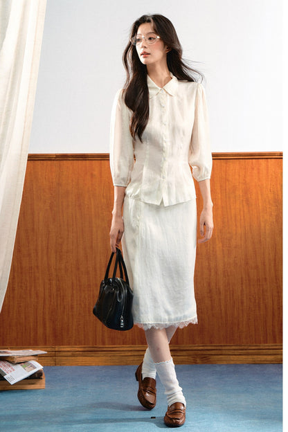 Lace Trim Puff Sleeve Top and Skirt Set-Up