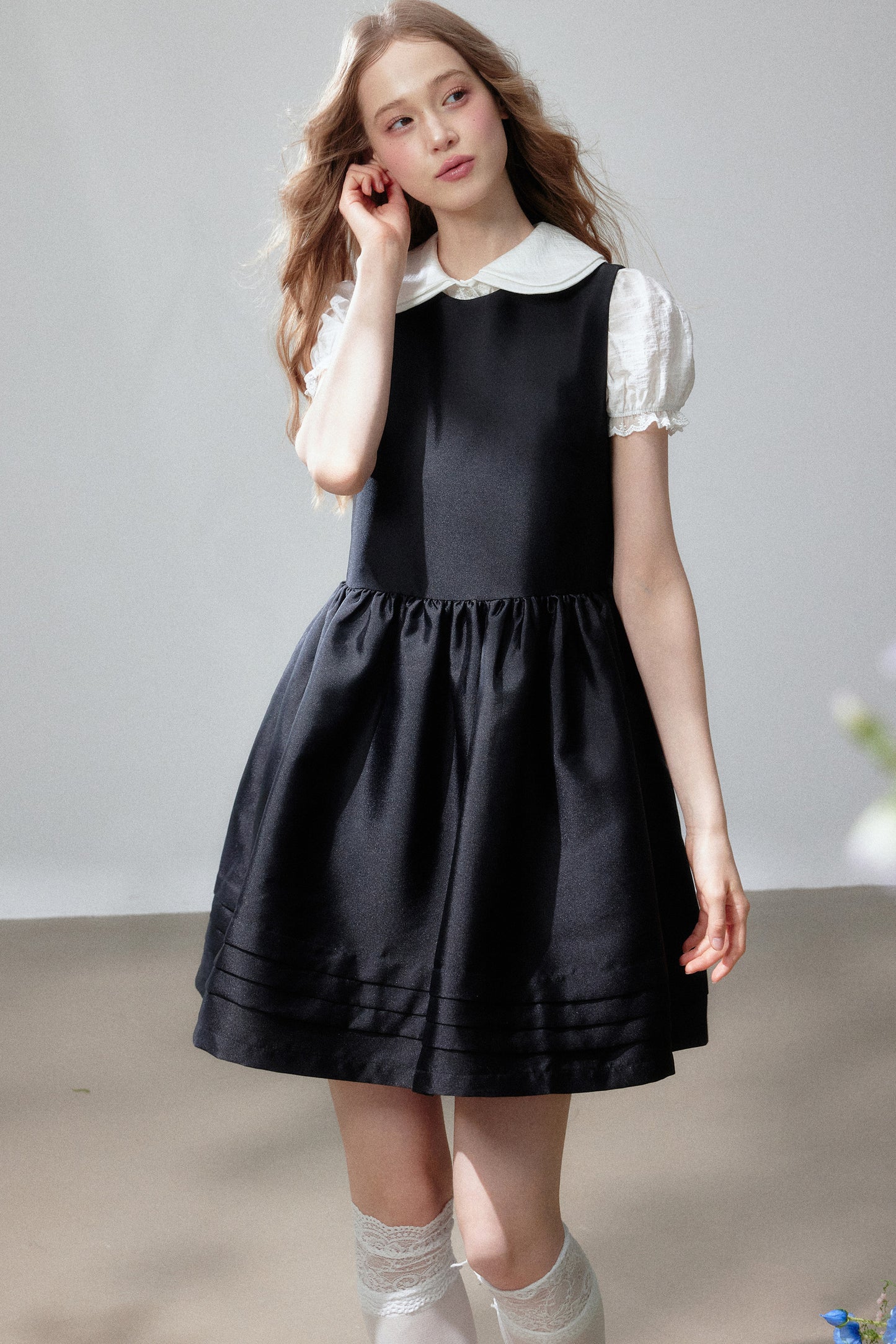 White Shirt and Sleeveless Little Black Puff Dress Set