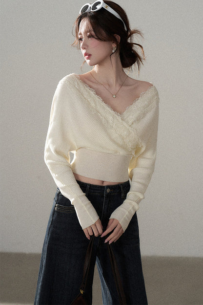 V-Neck Hollow Knit Top and Jeans Set-Up
