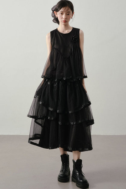 Black Mesh Layered-Look Two-Piece Set