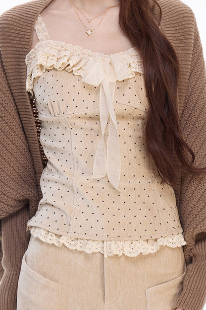 Polka Dot Lace Cami and Knitwear With Pants Set-Up