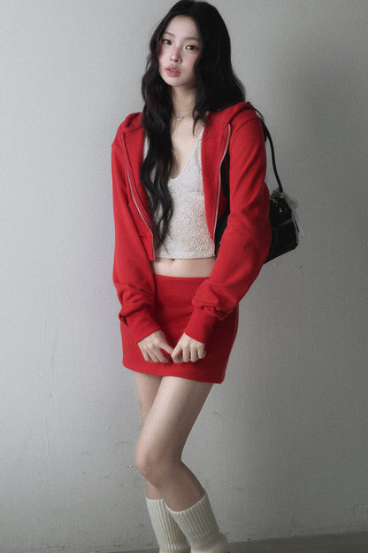 Red Hooded Zip-Up Sweatshirt and Hip-Hugging Skirt Set-Up