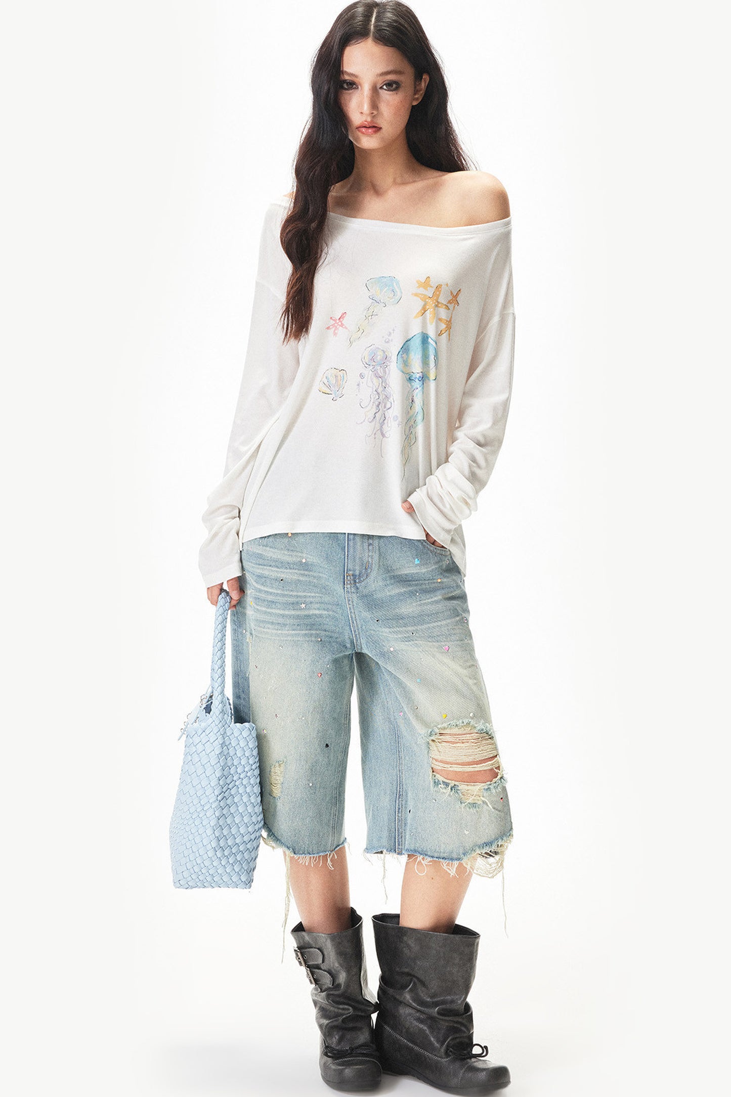 Watercolor Print Off-shoulder Long Sleeve Top