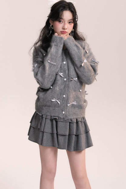 Ballet Bow Knit Cardigan With Skirt Set