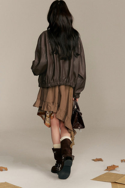 Barn Style Stand Collar Short Leather Jacket