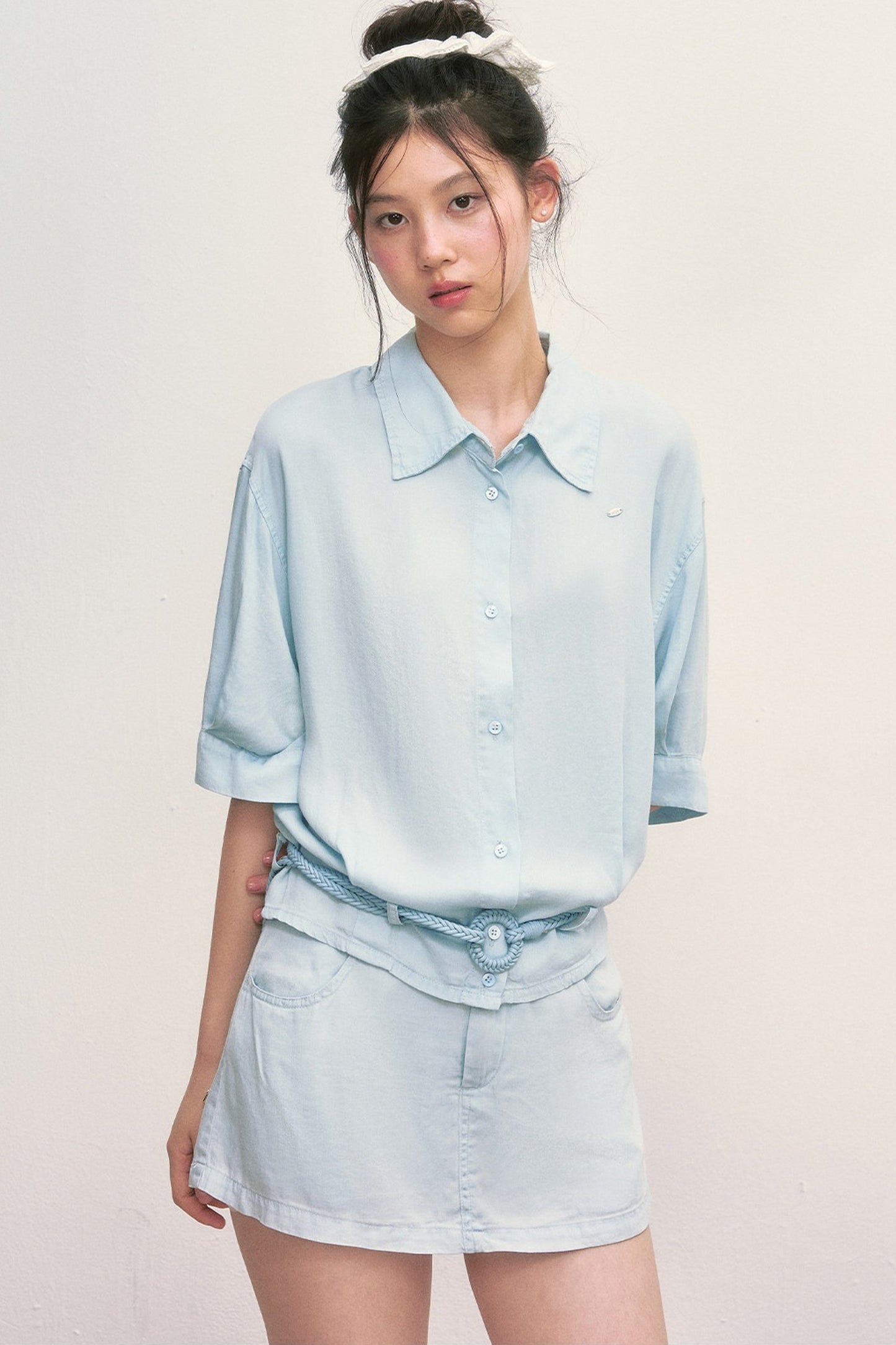 Short Sleeve Light Blue Shirt and Skirt Set-Up
