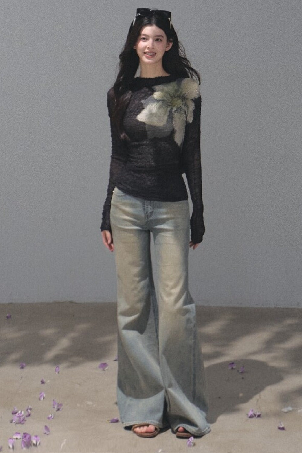 Salt-Washed Gradient Loose Wide-Leg Flared Jeans