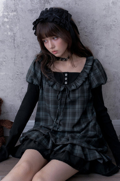 Robe babydoll à carreaux bleu et noir