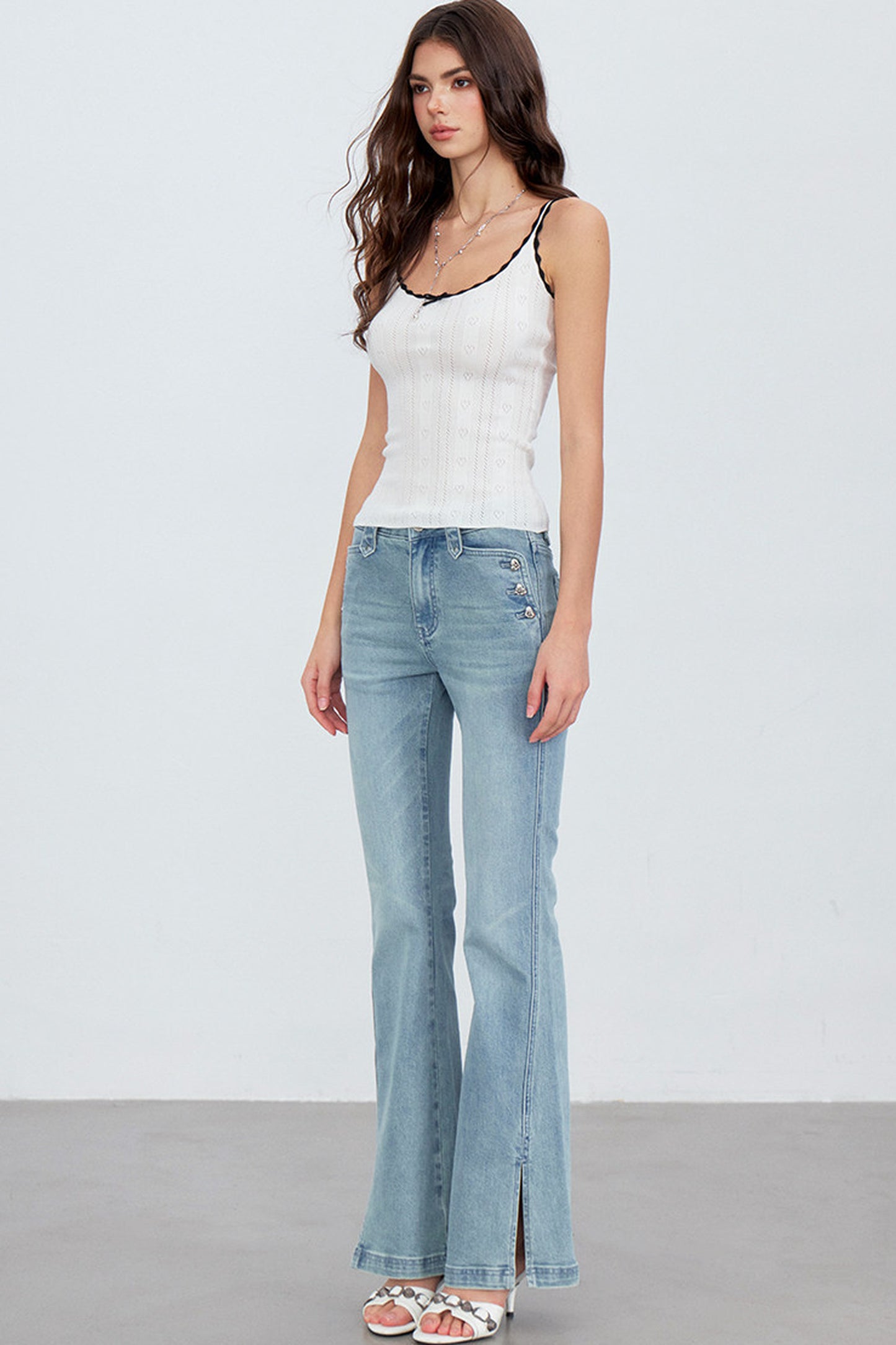 Heart Button Slit Flared Jeans