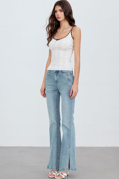 Heart Button Slit Flared Jeans