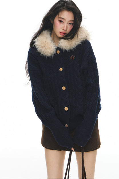 Fur Collar Knitted Cardigan and Skirt Set-Up