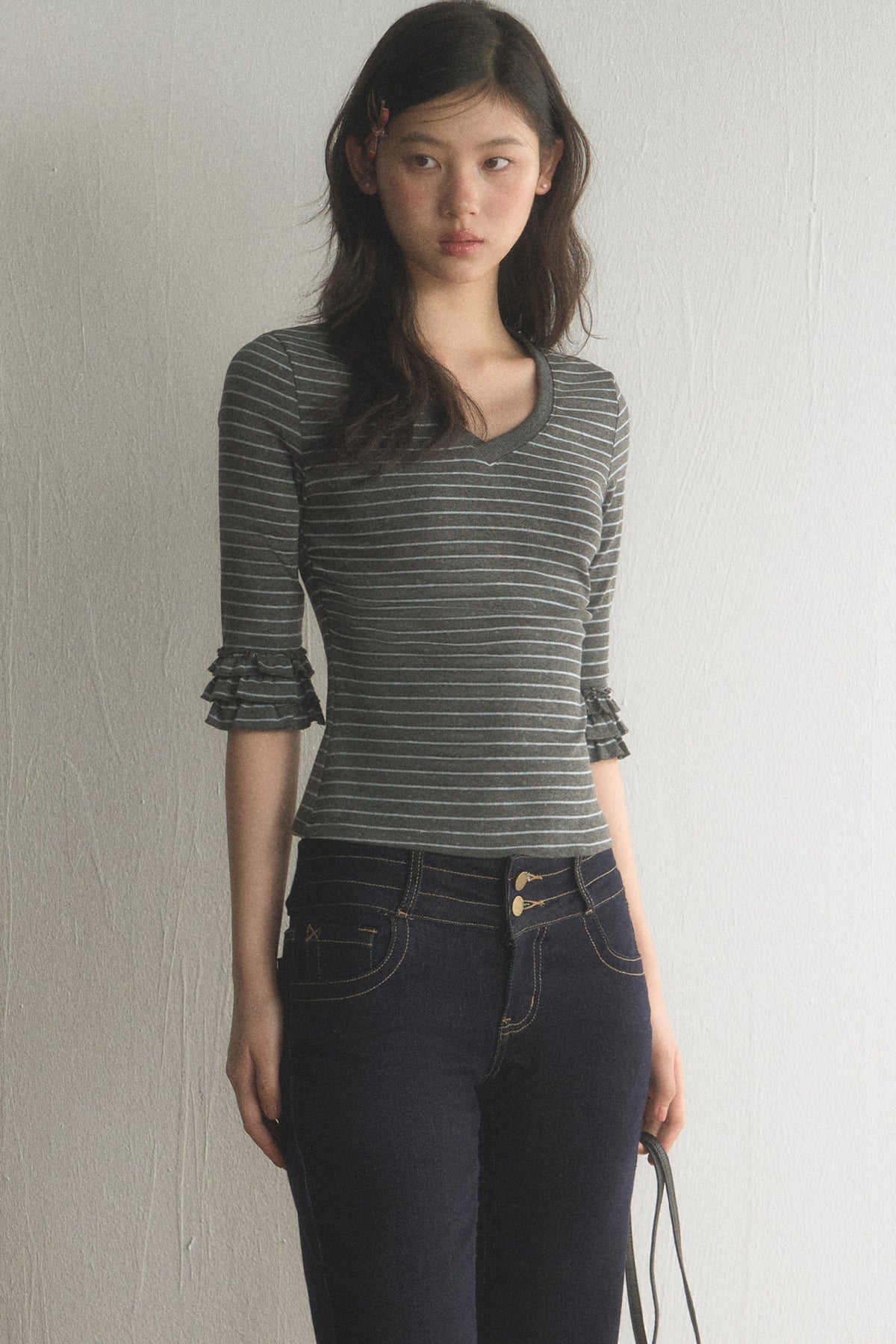 Striped Ruffled Patchwork Mid-Sleeve Top and Pants Set-Up