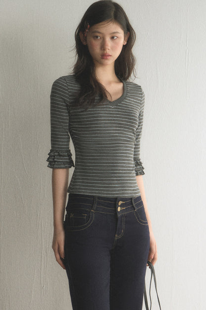 Striped Ruffled Patchwork Mid-Sleeve Top and Pants Set-Up