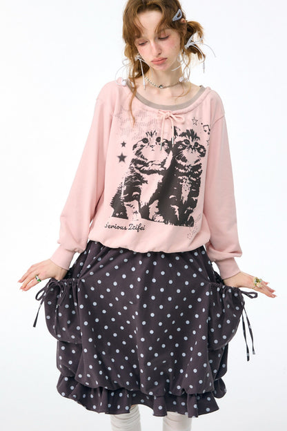 Pink Cat Print Tie Neck Sweatshirt