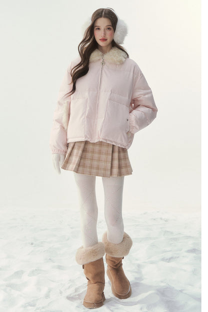 Chaqueta de plumón reversible rosa con motivo Fair Isle