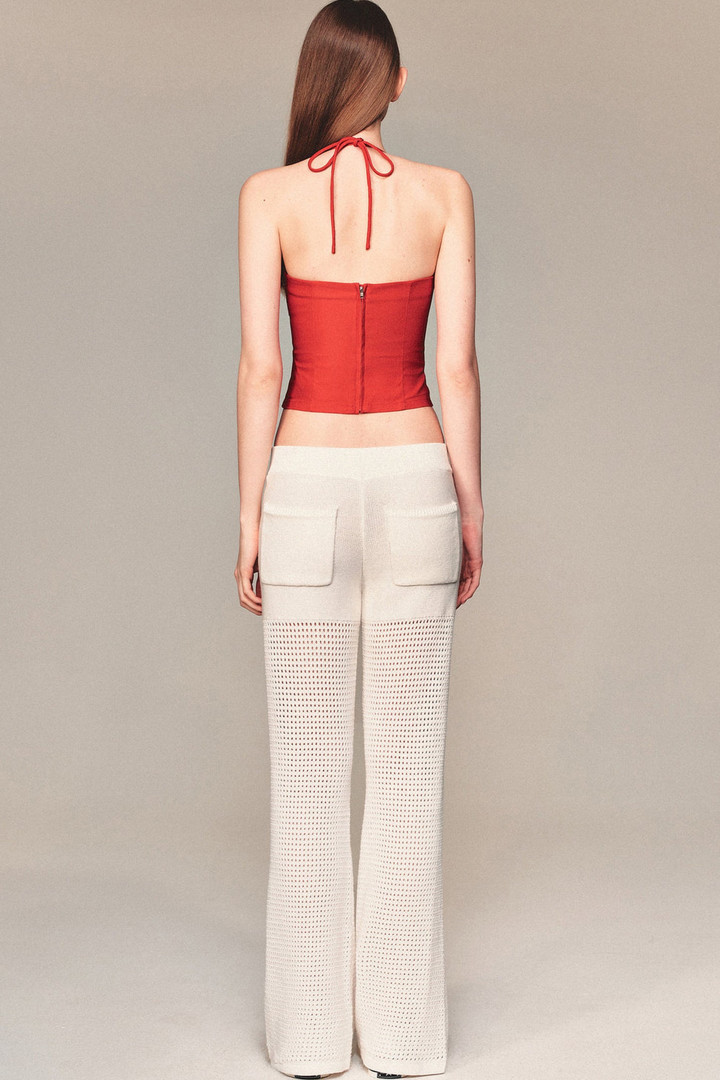 White Hollow-Out Mesh Crochet Straight Pants