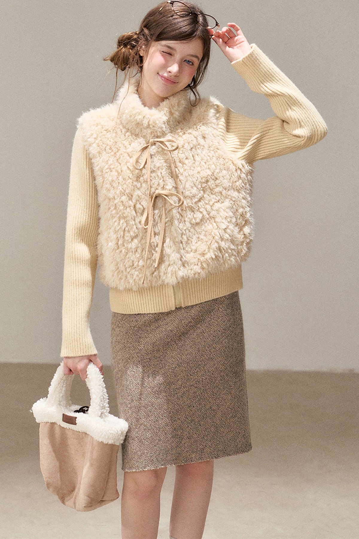 Patchwork Lamb Wool Bowknot Jacket