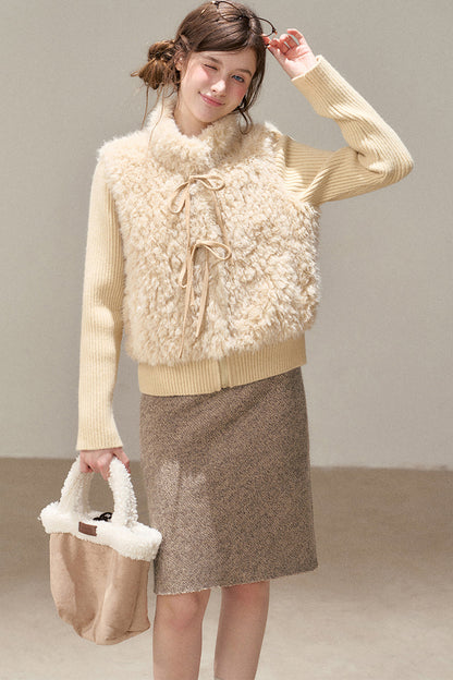 Patchwork Lamb Wool Bowknot Jacket