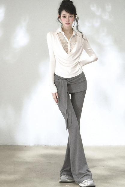 Lace Drape Collar Long-Sleeve Knit Top