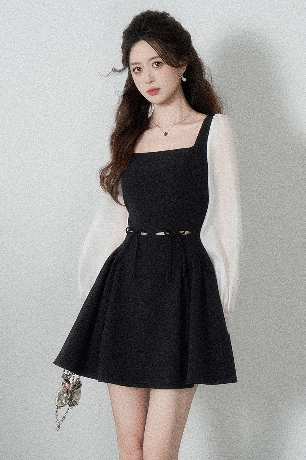 Black Square-Neck Hollow-Out Dress