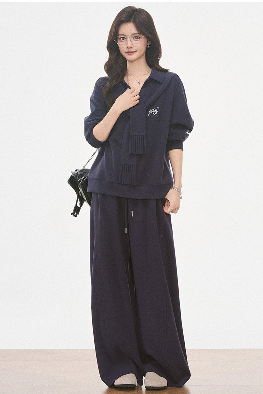 Knit Scarf Sweatshirt and Sweatpants Set-Up