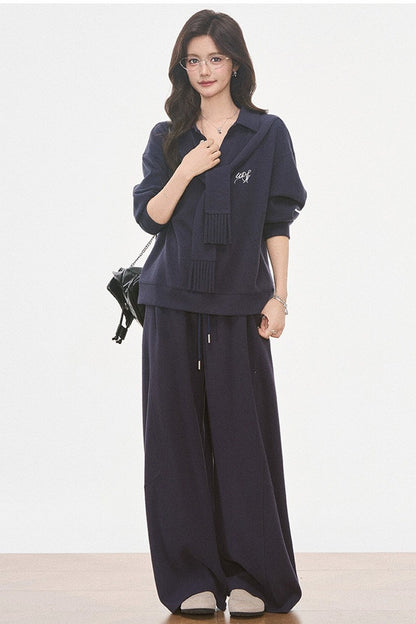 Knit Scarf Sweatshirt and Sweatpants Set-Up