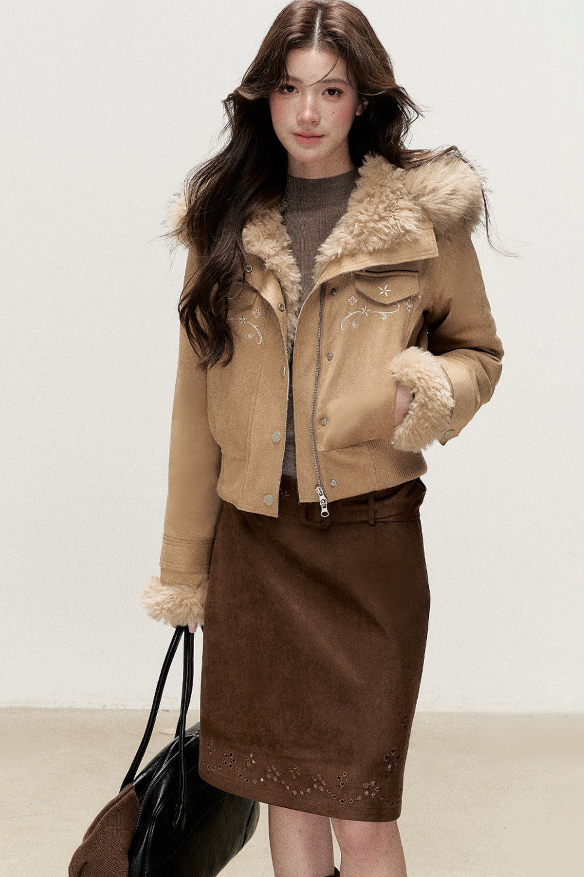 Embroidered Suede Fleece-Lined Jacket
