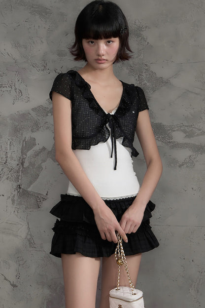 Polka Dot Mesh Ruffle Flutter Cover-Up Set-Up