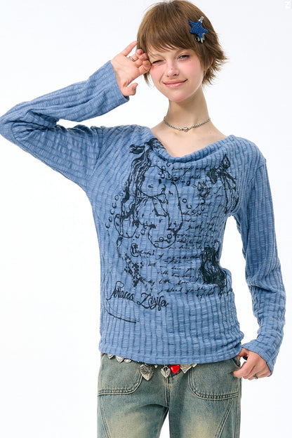 Blusa in maglia con graffiti di conigli