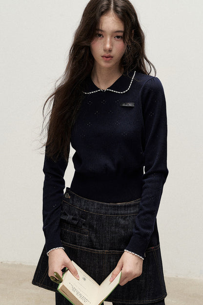 Doll Collar Floral Hollow Knit Top