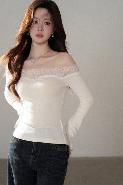 One-Shoulder Lace Knit Top and Jeans Set-Up