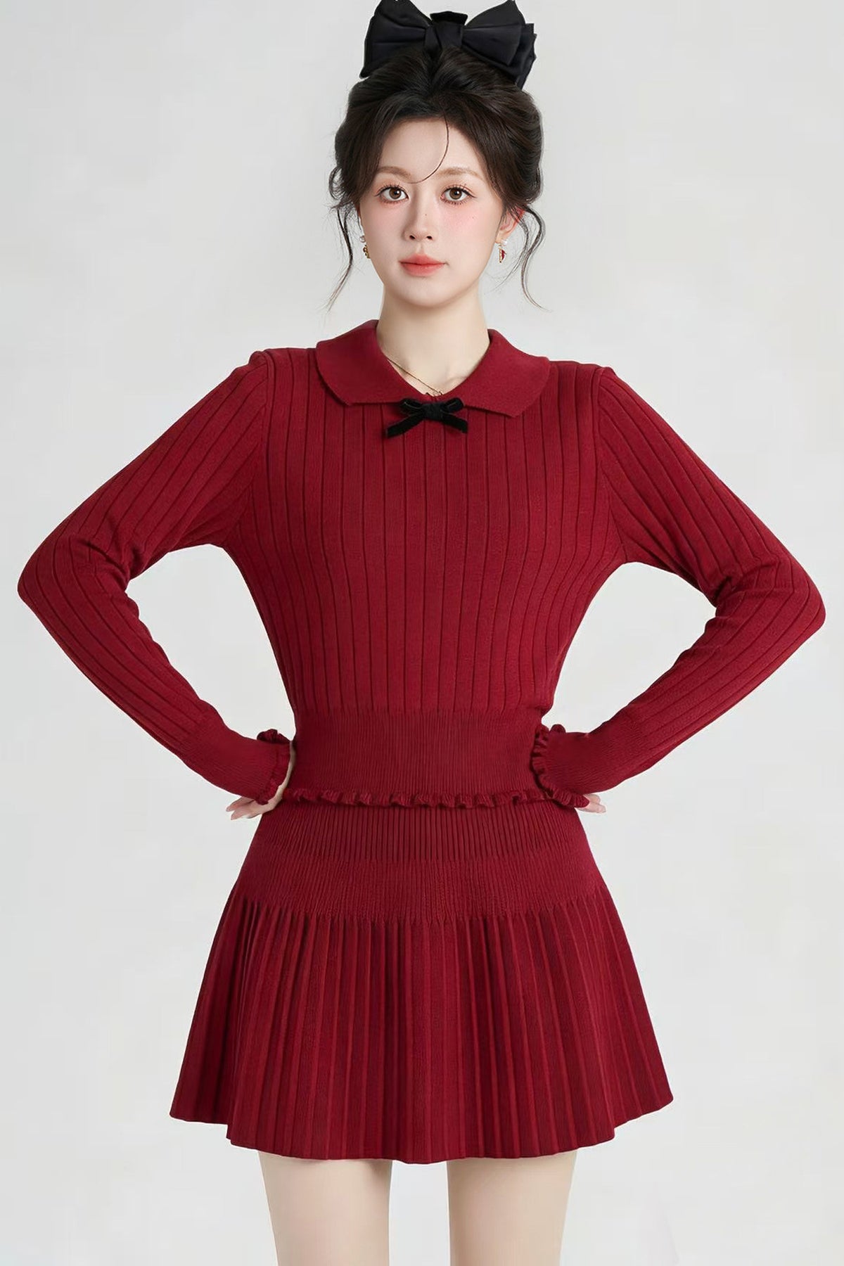 Red Knit Top and Pleated Skirt Set