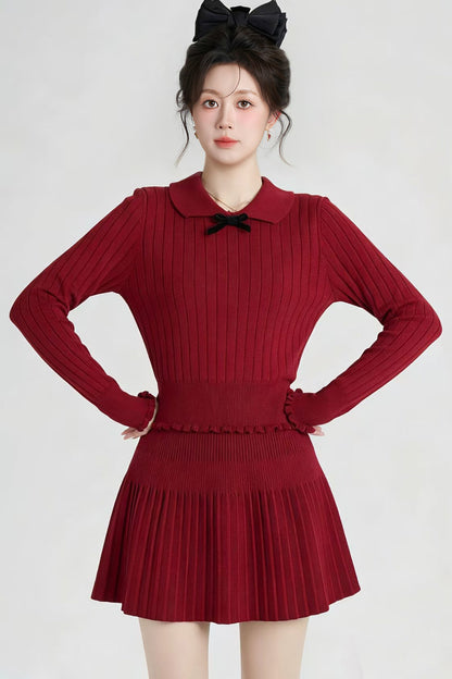 Red Knit Top and Pleated Skirt Set