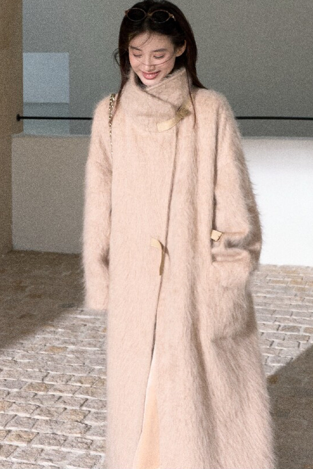 Brushed Cashmere Silk Funnel Collar Coat