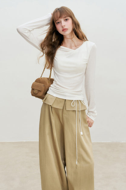 Lyocell Overlapping Pleated Long-Sleeve T-Shirt