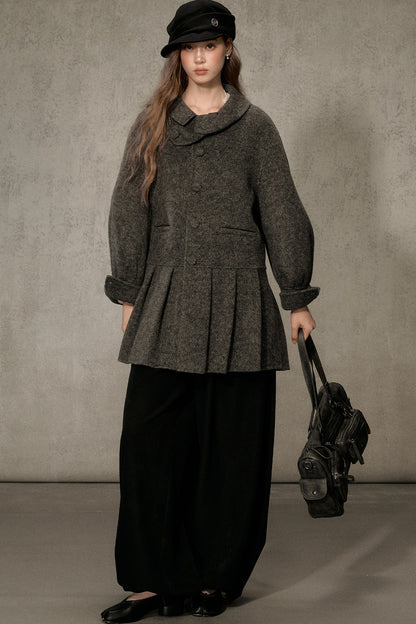 70% Wool Blend Double-Sided Pleated Coat