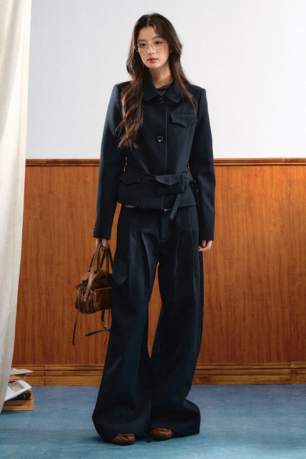 American Retro Lapel Top and Wide-Leg Pants Set-Up