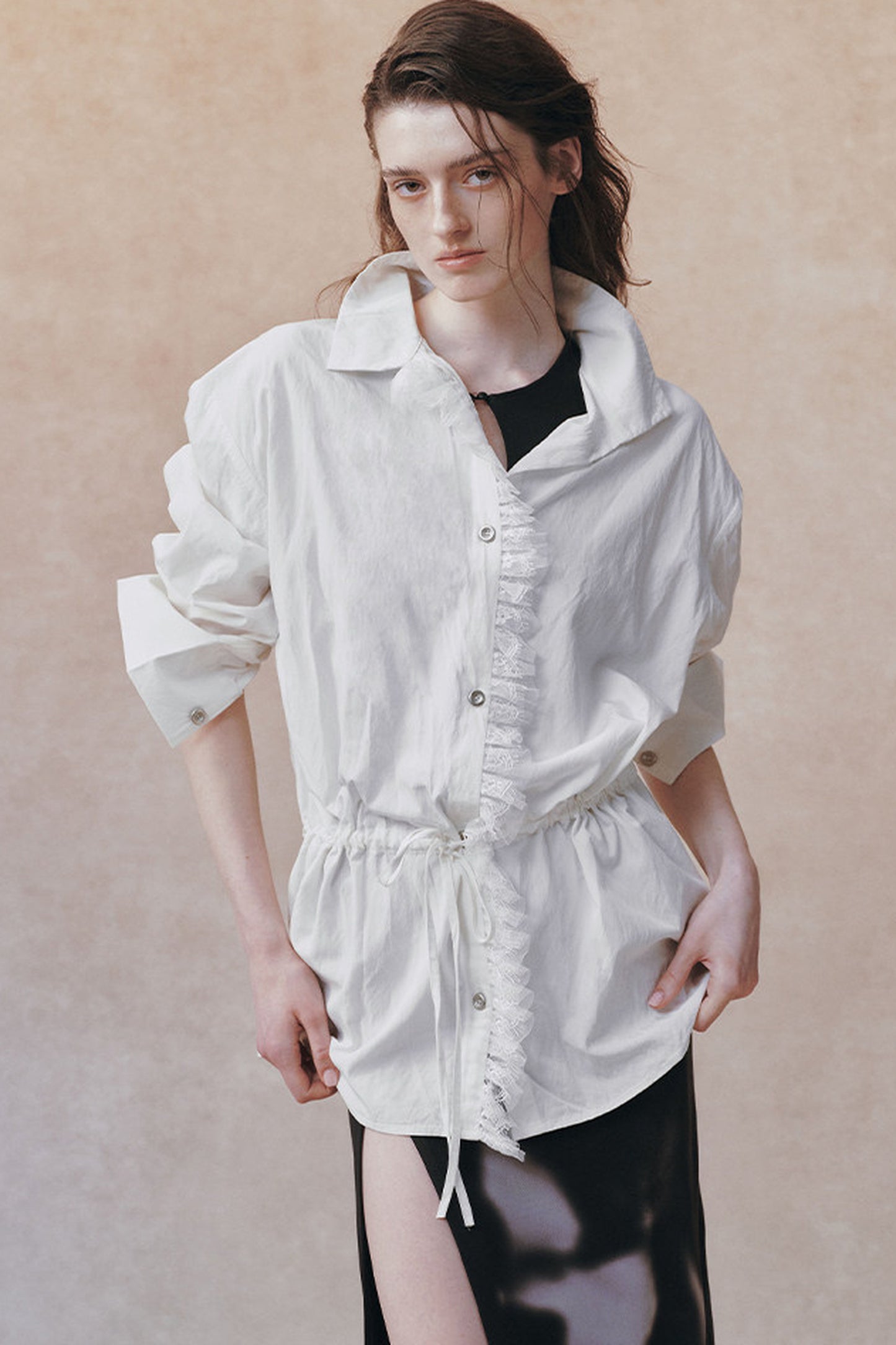 Oversized Crinkled Lace Drawstring Shirt